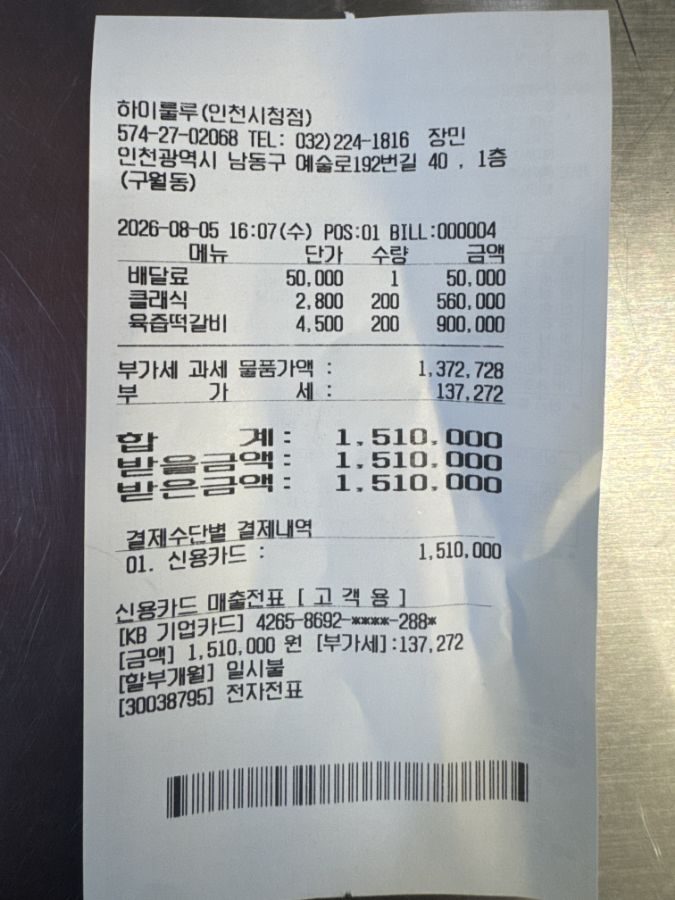 단체주문 영수증 — 인천시청점 무스비 400개 · 151만원